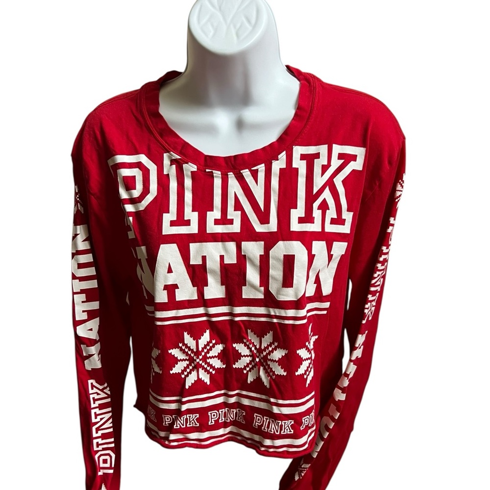 PINK Victoria’s Secret Nation Red Long Sleeve Cropped Snowflake Top Tee Medium